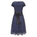 High Quality Women Floral Lace O-Neck Bridesmaid Dresses with Cap-Sleeve Formal Navy Party  Dress Ladies Cocktail Dresses